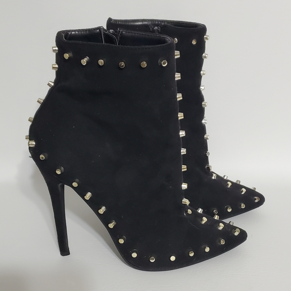 Liliana Black Gold Tone Studded Heeled Boots Women's Booties Size 8 - Picture 4 of 8